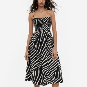 H&M Zebra Print Smocked Midi Sundress Black/White XS Cotton Boho-Chic